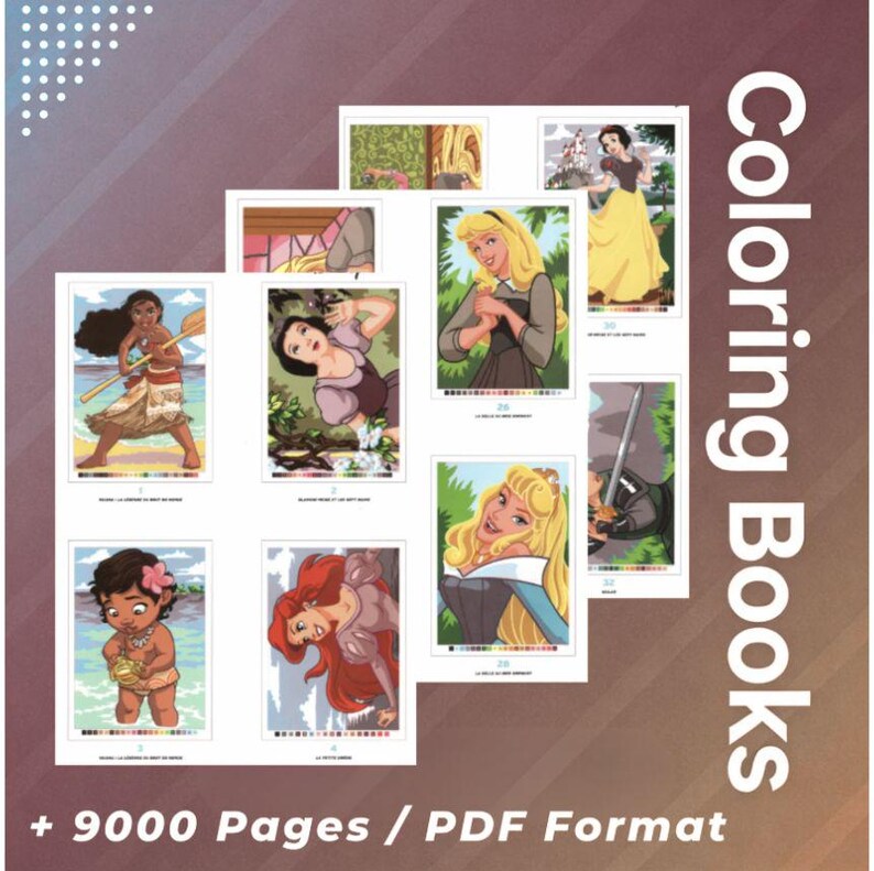 May include: A collection of coloring book pages featuring various cartoon characters. The pages are arranged on a gradient background with the words "Coloring Books" and "+ 9000 Pages / PDF Format" visible.