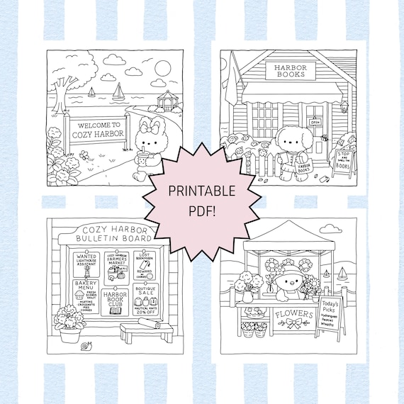 Coastal Coloring Pages | New England Seaside Town (PDF Pattern)