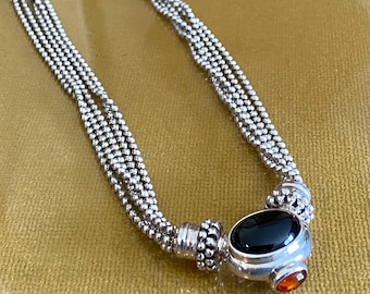 Joseph Esposito ESPO 925 Sterling Silver 5 Strand Onyx Amber Bead Snap Necklace