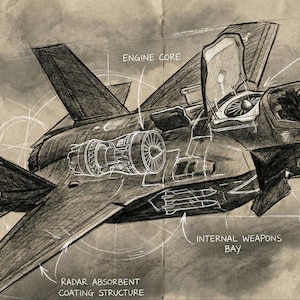 May include: Detailed pencil sketch of a fighter jet in flight, with labeled diagrams of its internal components. The image highlights the engine core, internal weapons bay, and vertical lift fan mechanism. The jet is depicted in shades of gray against a cloudy background.