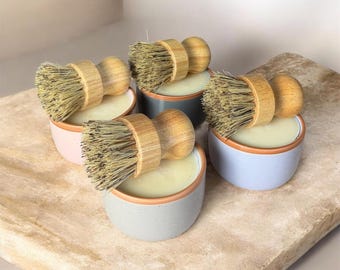 Solid Dish Soap Bar Set with Brush and Ramekin, Natural Zero Waste Dishwashing