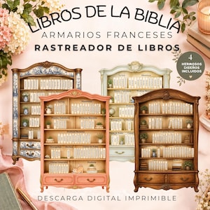Peut inclure: Un suivi de lecture biblique numérique imprimable présentant quatre illustrations d'armoires de style français. Chaque étagère affiche des livres miniatures étiquetés avec les livres de la Bible en espagnol, agrémentés de petites plantes en pot.