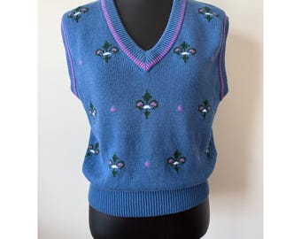 Lilys of Beverly Hills Vintage Blue Fleur De Lis Knit Sweater Vest Womens Medium