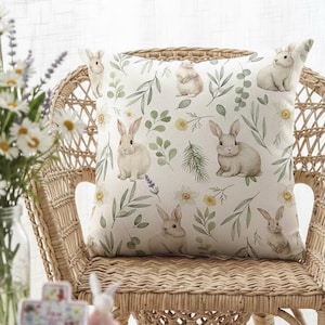Vintage Bunny Floral Pillow Cover, Easter Rabbit Throw Pillow Case, Spring Cottagecore Farmhouse Decor, Neutral Botanical Bunny Pillow Case