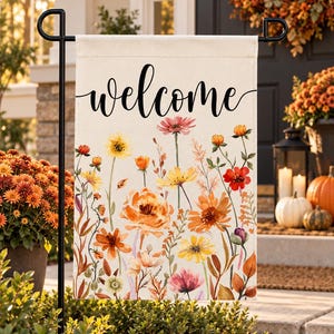 Herbstliche Gartenflagge mit Blumenmuster (30 x 45 cm), Willkommensflagge für den Garten, doppelseitige Herbstflagge für den Garten, Herbstliche Verandadekoration, Wildblumen-Gartendekoration