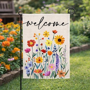 Spring Welcome Garden Flag, Floral Wildflower Garden Flag, Farmhouse Outdoor Yard Flag, Colorful Flower Garden Decor, Front Yard Porch Flag