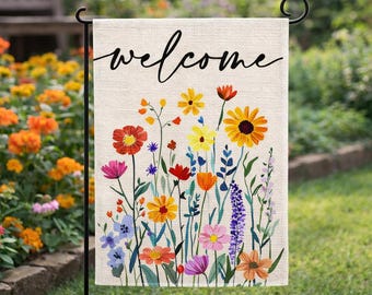 Spring Welcome Garden Flag, Floral Wildflower Garden Flag, Farmhouse Outdoor Yard Flag, Colorful Flower Garden Decor, Front Yard Porch Flag
