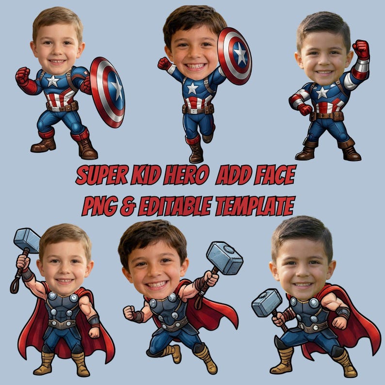 Super Kid Face Swap PNG Bundle, Cartoon Hero Editable Template ...