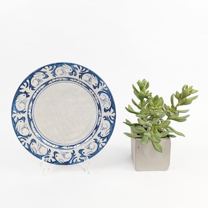 May include: A ceramic plate with a white center and a blue border featuring a repeating rabbit design. The plate is displayed on a clear stand. A small succulent plant in a square concrete pot is to the right.