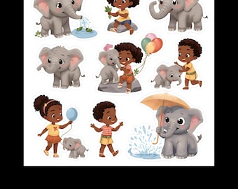 African American Kids Zoo Animal Stickers – 300 PNG Printable Stickers (Instant Download)