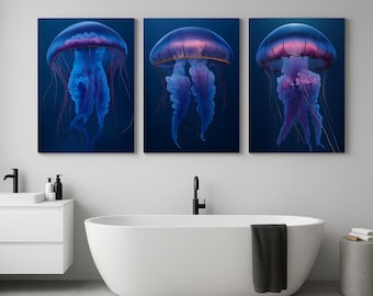 Bioluminescent Jellyfish Wall Art Set – 3 Piece Ocean Prints (Digital Download)