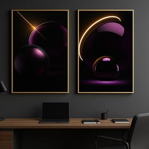 May include: Two framed abstract art prints. Each has a dark background and a gold frame. One print features a large purple sphere and a yellow light streak. The other has a purple sphere and a curved yellow light.