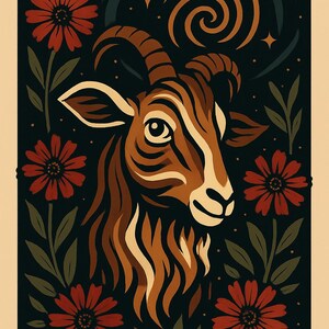 May include: Illustration of a goat's head with brown and tan fur, surrounded by red flowers and green leaves on a black background. The artwork has a vintage, stylized aesthetic with a celestial design in the upper right corner.