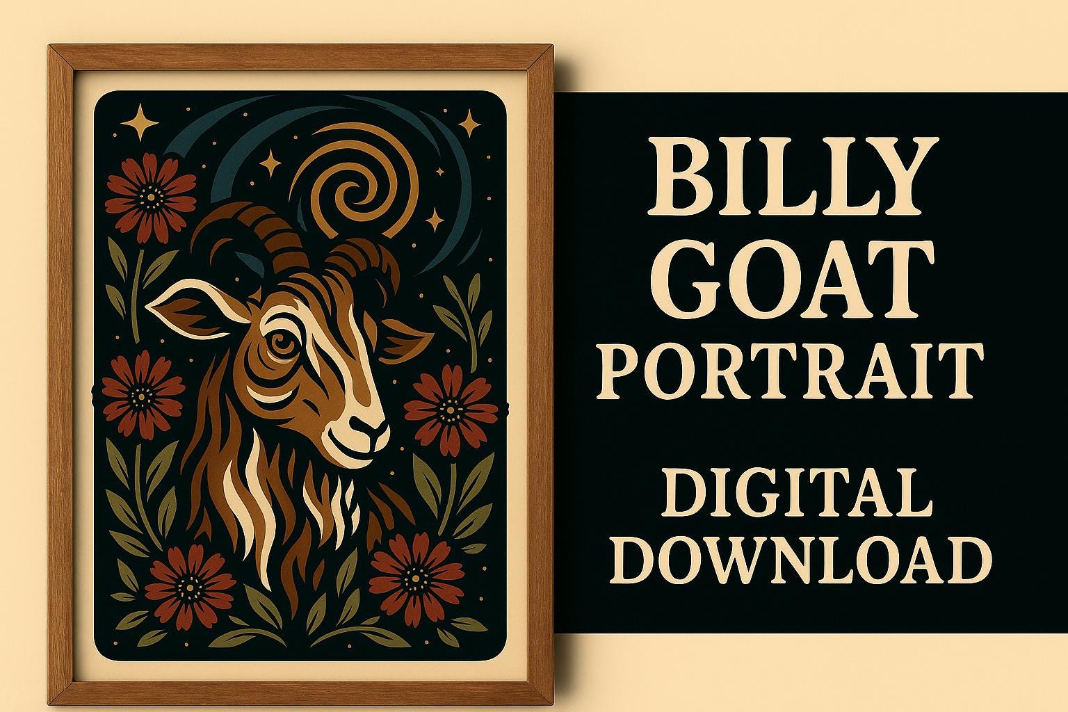 Stylized Goat Art Print • Woodland Surreal Folk Art • Botanical Ivy ...