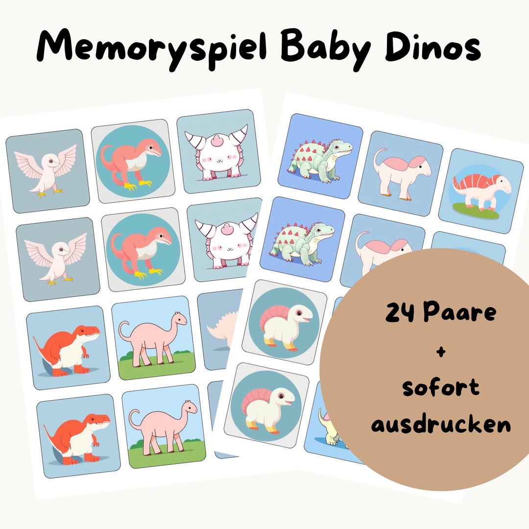 Baby Dinosaur Memory Game Printable | 24 Dinosaur Matching Cards ...