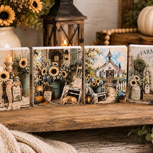 Farmhouse Shelf Sitter Set | Rustic Autumn Wood Blocks, Fall Home Decor, Country Church Sign