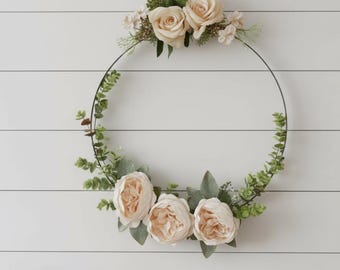 Rustic Floral Wreath Made from Reclaimed Whiskey Barrel Ring | 17.5” Farmhouse Wall Decor | Peach Floral Hoop Wreath | Country Cottage Decor