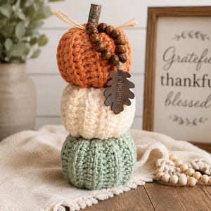 Crocheted Stacked Pumpkin Decor | Orange, Sandstone, Teal Farmhouse Fall Shelf Accent