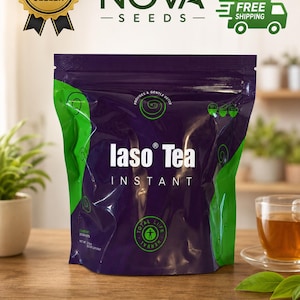 May include: A purple and green pouch of Iaso Tea Instant with white text. The front features the brand name, a circular logo, and text stating it provides a gentle detox. Below the pouch, four circular icons indicate 100% natural, gentle detox, herbal ingredients, and quality assured.