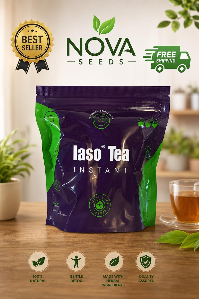 May include: A purple and green pouch of Iaso Tea Instant with white text. The front features the brand name, a circular logo, and text stating it provides a gentle detox. Below the pouch, four circular icons indicate 100% natural, gentle detox, herbal ingredients, and quality assured.