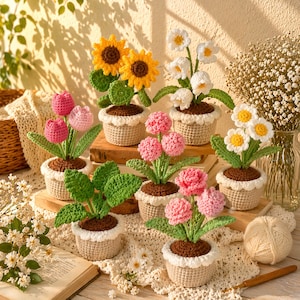 Paquete de patrones de macetas de ganchillo en PDF, patrón de plantas amigurumi, linda decoración de escritorio, regalo hecho a mano, descarga instantánea.