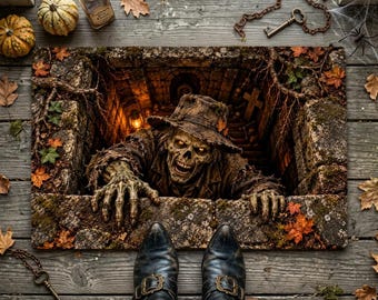 Undead Groundskeeper Halloween Doormat, 3D Zombie Optical Illusion Mat, Creepy Graveyard Door Mat, Haunted Crypt Halloween Decor