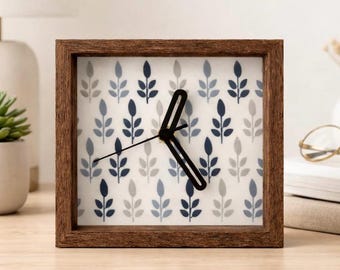 Modern Botanical Desk Clock | Scandinavian Plant Pattern Clock | Neutral Minimalist Shelf Clock | Small Office Decor | Gift