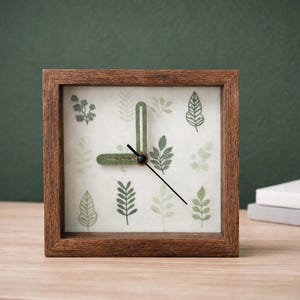 Minimalist Botanical Desk Clock – 5x5 Shadow Box Frame, Modern Office & Home Decor, Unique Gift for Plant Lovers