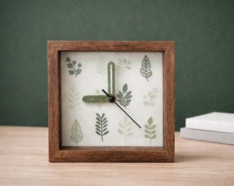 Minimalist Botanical Desk Clock – 5x5 Shadow Box Frame, Modern Office & Home Decor, Unique Gift for Plant Lovers
