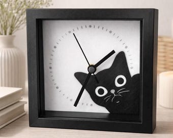 Black Cat Clock – Peeking Cat Desk Clock – Cute Cat Lover Gift – Funny Cat Decor – Minimalist Cat Shelf Clock – Cat Office Decor