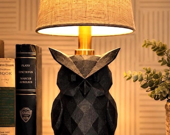 Owl Table Lamp, Cozy Woodland Decor, Geometric Bedside Lamp, Rustic Accent Light, Reading Nook Decor