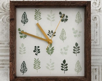 Botanical Wall Clock, Farmhouse Wall Decor, Rustic Green Leaf Clock, Gallery Wall Decor, Cottagecore 8x8 Square Clock