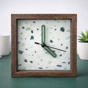 Terrazzo Desk Clock – Modern 5x5 Framed Shadow Box Clock, Minimal Office & Home Decor, Neutral Boho Gift