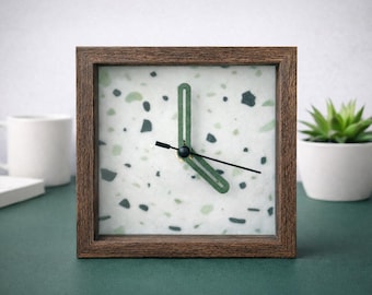 Terrazzo Desk Clock – Modern 5x5 Framed Shadow Box Clock, Minimal Office & Home Decor, Neutral Boho Gift