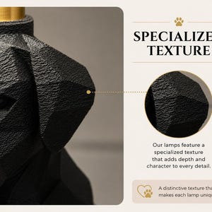 May include: A black lamp base shaped like a dog head with a faceted, textured surface and a gold-colored top component. The image includes text stating SPECIALIZED TEXTURE and Our lamps feature a specialized texture that adds depth and character.