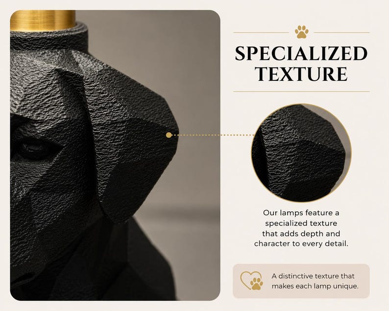 May include: A black lamp base shaped like a dog head with a faceted, textured surface and a gold-colored top component. The image includes text stating SPECIALIZED TEXTURE and Our lamps feature a specialized texture that adds depth and character.