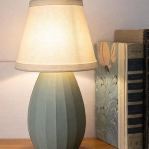 May include: A small, decorative table lamp with a light green, ribbed base and a cream-colored lampshade. The lampshade is trimmed with a gray border. The lamp is on a wooden surface, next to a stack of books.