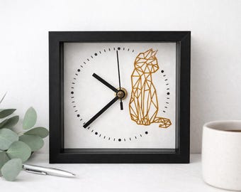 Modern Cat Desk Clock, Geometric Cat Decor, Minimalist Cat Lover Gift, Small Shelf Clock, Aesthetic Office Decor