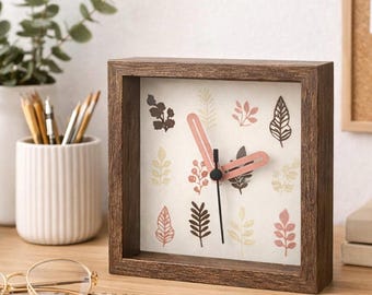 Botanical Desk Clock – Plant Lover Gift, Small Shelf Clock, Teacher Desk Decor, Wood Frame Clock