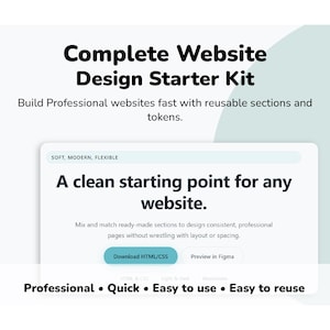 Może przedstawiać: Grafika cyfrowa promująca "Kompletny zestaw startowy do projektowania stron internetowych". Obraz przedstawia interfejs projektowania strony internetowej z tekstem "Czysty punkt wyjścia dla każdej strony internetowej". Dodatkowy tekst to "Profesjonalny, Szybki, Łatwy w użyciu, Łatwy w ponownym użyciu."