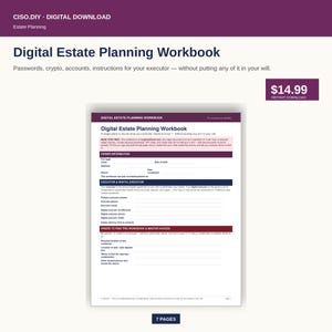 Puede incluir: Un cuaderno digital de planificación patrimonial titulado "Digital Estate Planning Workbook" en un diseño morado y blanco. Incluye secciones para contraseñas, cripto y instrucciones para el albacea.