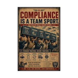 以下が含まれることがあります： 「COMPLIANCE IS A TEAM SPORT」のテキストが入ったヴィンテージスタイルのポスター。画像には、「POLICY」、「TRAINING」、「AUDIT」、「REPORTING」、「CONTROLS」とラベル付けされた箱を運ぶ多様な人々が描かれています。ポスターは、茶色と赤色の配色で、使い古されたような外観をしています。