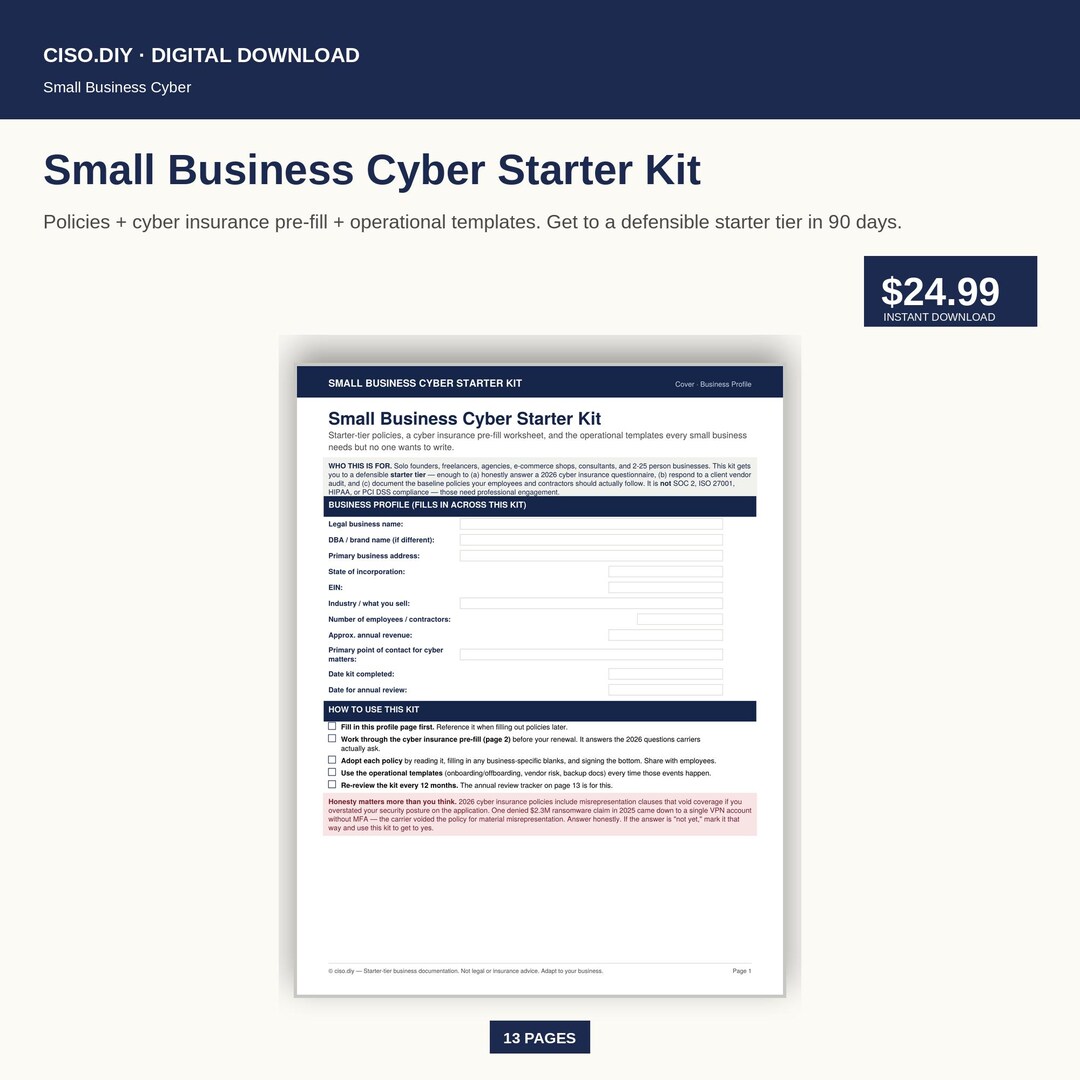 Small Business Cyber Starter Kit | 2026 Insurance Pre-fill, Policies ...