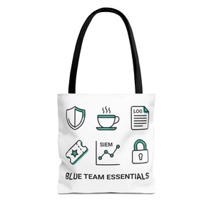 Puede incluir: Bolso tote blanco con asas negras. Muestra iconos en verde azulado y negro de un escudo, una taza de café, un registro, un boleto, un gráfico y un candado. El texto "BLUE TEAM ESSENTIALS" está impreso en la parte inferior de la bolsa.