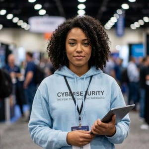 以下が含まれることがあります： 前面に「CYBERSECURITY」の文字がプリントされた水色のパーカーを着て、タブレットを持っている女性。 「THE FEW. THROUGH THE PARANOID」の文字が「CYBERSECURITY」の下にプリントされています。 黒いストラップにネームタグが付いています。