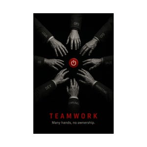 May include: A poster with a black background shows eight hands reaching towards a red power button. The words "LEGAL", "OPS", "CFO", "SALES", "MARKETING", "COMPLIANCE", "DEV", and "HR" are written on the sleeves. The word "TEAMWORK" is in red, with the text "Many hands, no ownership."