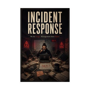 Könnte beinhalten: Poster mit dem Text "INCIDENT RESPONSE" in großen weißen Buchstaben. Darunter steht: "We do triage. Management does blame." Eine Person sitzt an einem Schreibtisch mit Laptop und Kaffee, umgeben von Papieren und einer Tasse.
