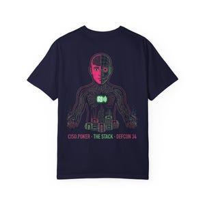 May include: A dark navy blue t-shirt featuring a graphic of a human figure with a half-biological, half-robotic head and circuit board torso. The design includes a glowing NFC symbol, stacks of poker chips, and the text CISO.POKER THE STACK DEFCON 34.
