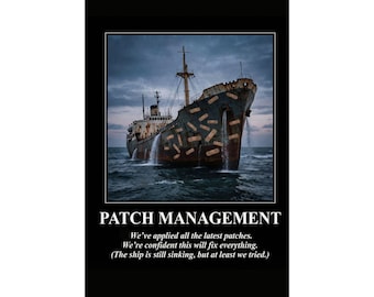 ZARZĄDZANIE POPRAWKAMI Plakat demotywacyjny dotyczący cyberbezpieczeństwa | Zarządzanie lukami w zabezpieczeniach | Humor dotyczący bezpieczeństwa IT | Prezent dla administratora systemu