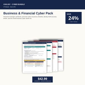 Puede incluir: Un paquete Business & Financial Cyber Pack con cuatro productos, que incluyen un libro de trabajo de gestión de contraseñas y una lista de verificación de seguros cibernéticos. La imagen presenta un fondo blanco con texto y un cuadro azul oscuro que dice "Save 24%".